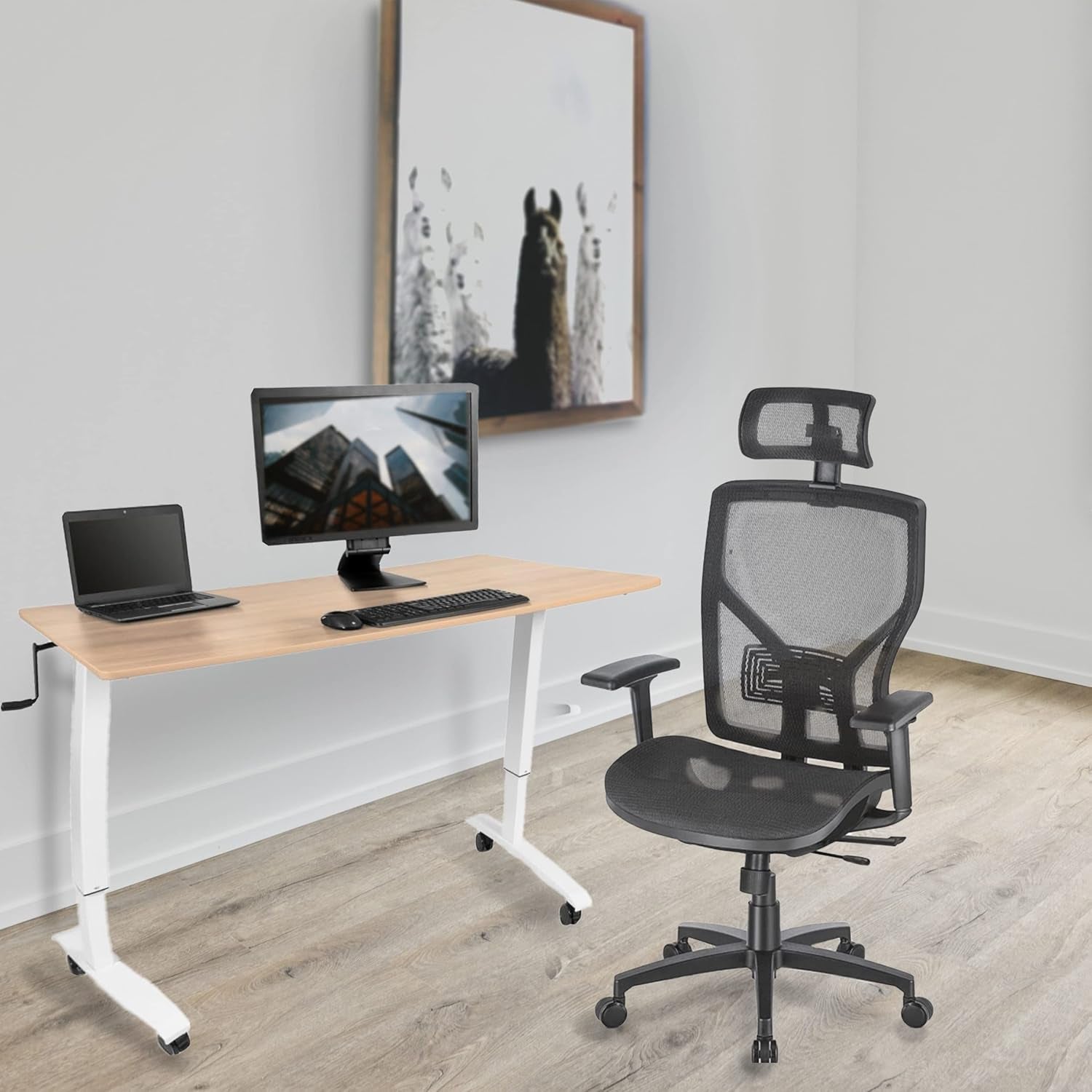 Crank Adjustable Height Rolling Standing Desk (White Frame/Natural Walnut Top, 60" Wide)