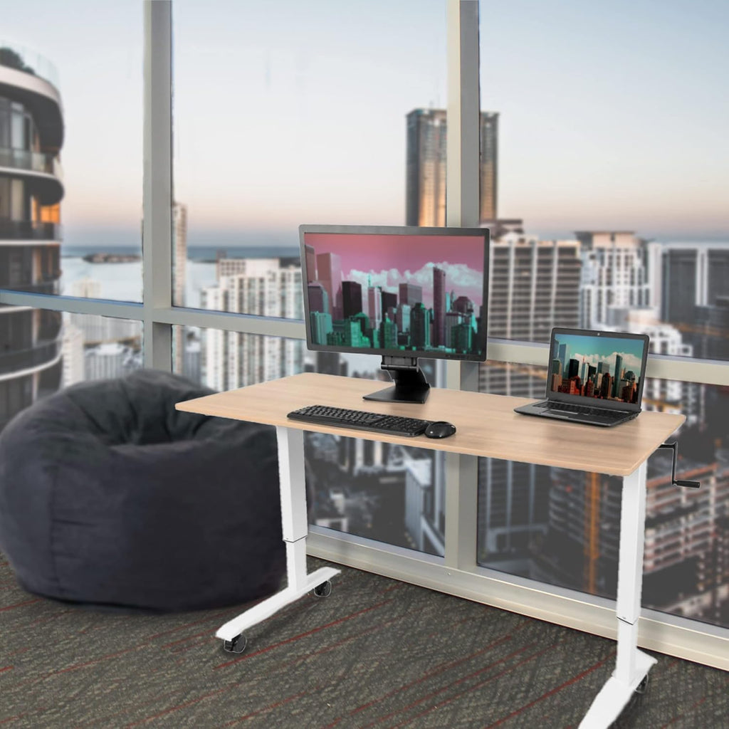 Crank Adjustable Height Rolling Standing Desk (White Frame/Natural Walnut Top, 60" Wide)
