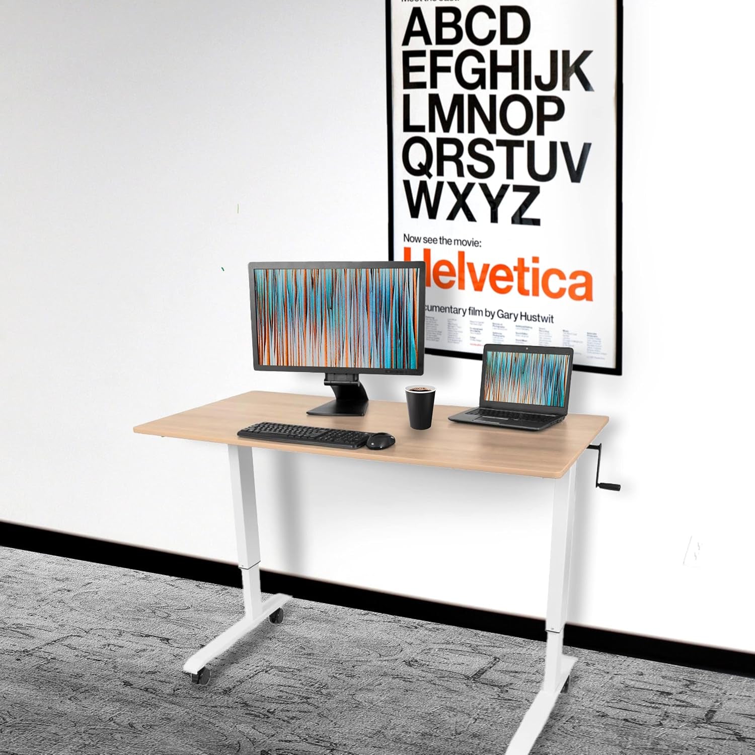 Crank Adjustable Height Rolling Standing Desk (White Frame/Natural Walnut Top, 60" Wide)