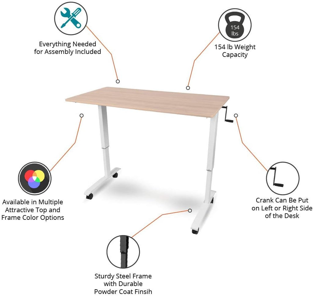 Crank Adjustable Height Rolling Standing Desk (White Frame/Natural Walnut Top, 60" Wide)