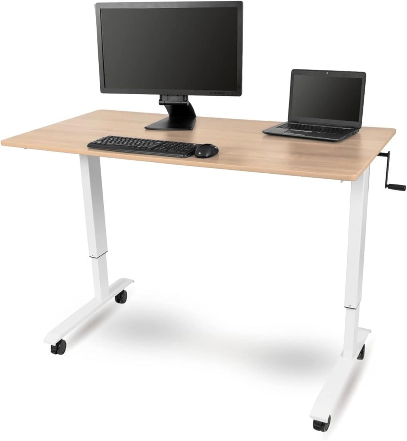 Crank Adjustable Height Rolling Standing Desk (White Frame/Natural Walnut Top, 60" Wide)